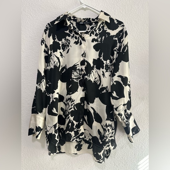 Zara Women's Cream and Black Floral‎ Print Long Sleeve Blouse Size S - Picture 11 of 16